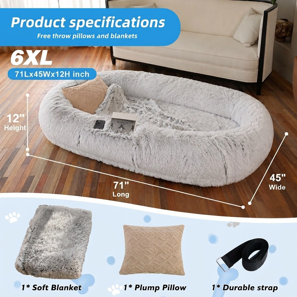 Human Dog Bed for Large Dogs & Pet Parents - Ultra Soft Orthopedic Plush Bean Bag Bed with Blanket & Pillow