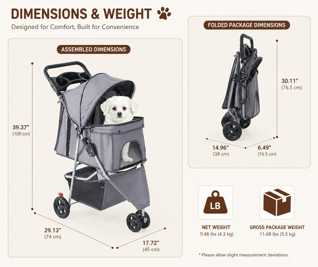 A product infographic for a pet stroller showing assembled dimensions, folded package dimensions, and weight information on a light beige background. The stroller is gray with black wheels and a small white dog sitting inside.