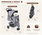 A product infographic for a pet stroller showing assembled dimensions, folded package dimensions, and weight information on a light beige background. The stroller is gray with black wheels and a small white dog sitting inside.