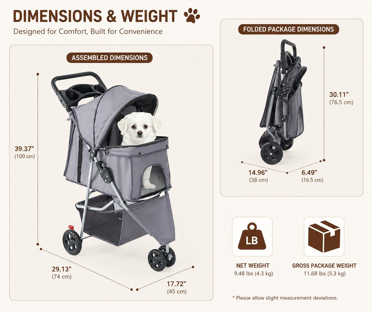 A product infographic for a pet stroller showing assembled dimensions, folded package dimensions, and weight information on a light beige background. The stroller is gray with black wheels and a small white dog sitting inside.