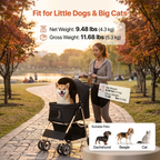 A woman pushes a black pet stroller on a park path with a Shih Tzu inside. Text overlays state 'Fit for Little Dogs & Big Cats' and show the stroller's net and gross weight, with a suitable pets section at the bottom showing Dachshund, Beagle, and Cat.
