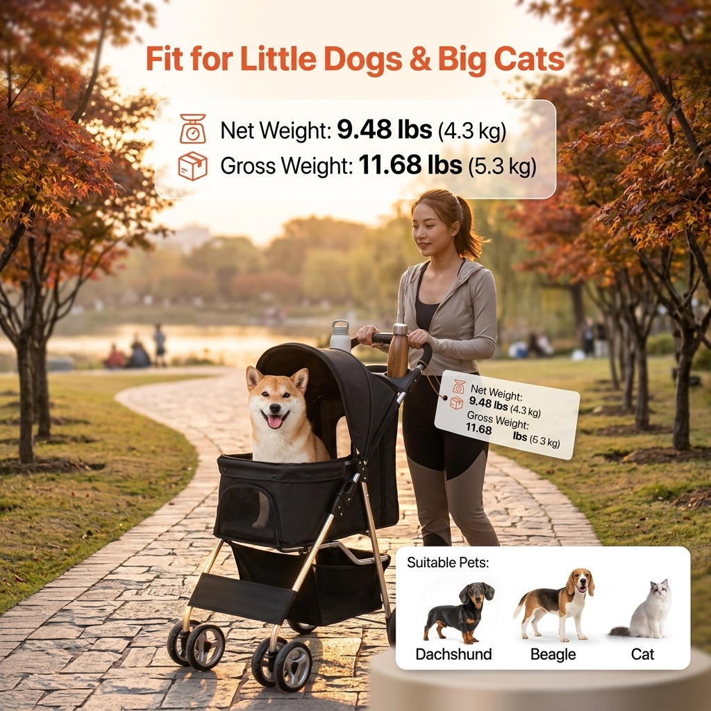 A woman pushes a black pet stroller on a park path with a Shih Tzu inside. Text overlays state 'Fit for Little Dogs & Big Cats' and show the stroller's net and gross weight, with a suitable pets section at the bottom showing Dachshund, Beagle, and Cat.