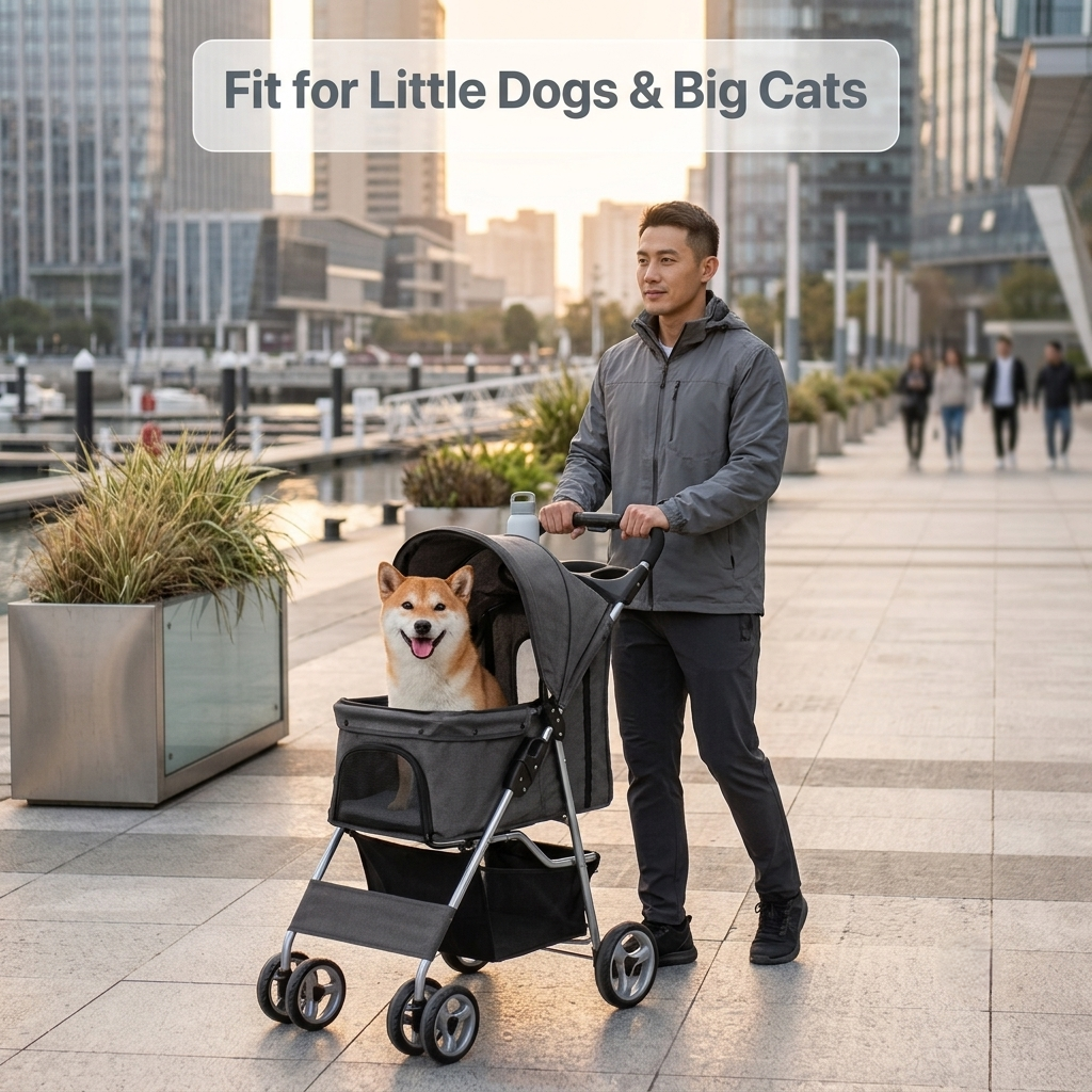 A man pushes a pet stroller with a Shiba Inu dog sitting inside on a wide paved walkway in an urban setting. The stroller is dark gray/black with a canopy.