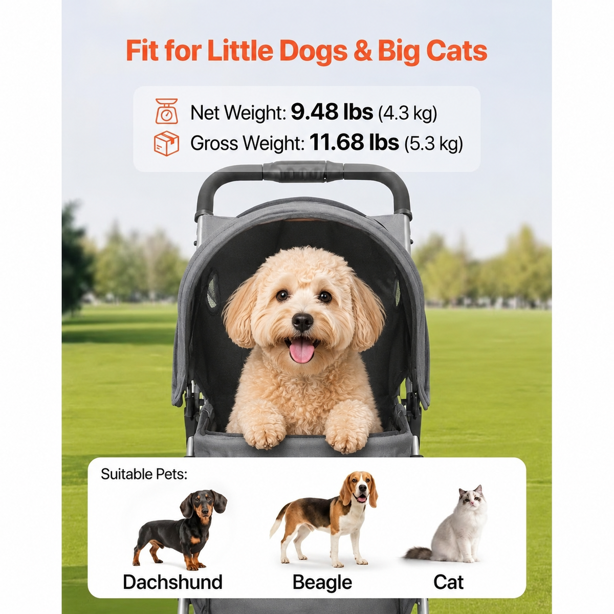 A pet stroller shown outdoors on a grassy field with a small fluffy dog sitting inside. The image includes text stating 'Fit for Little Dogs & Big Cats' with net and gross weights, plus a section labeled 'Suitable Pets' showing a Dachshund, Beagle, and a cat.