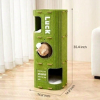 Green cat play tower with dimensions on a wooden floor