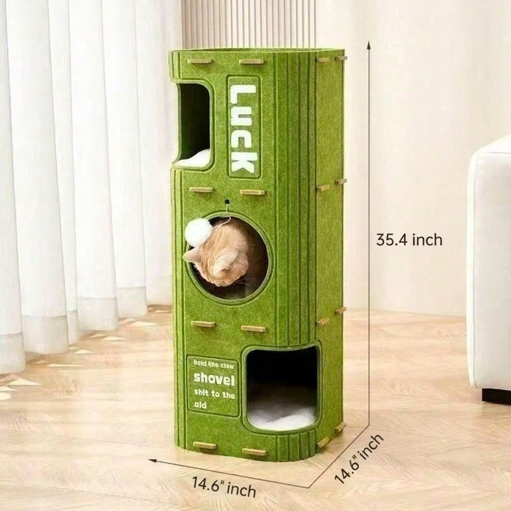 Green cat play tower with dimensions on a wooden floor