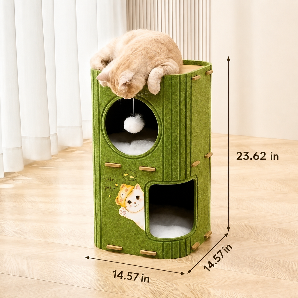 A green cat tower with a cat sitting on top, shown in a room with dimension lines and text indicating measurements of 23.62 in height, 14.