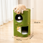 A green cat tower with a cat sitting on top, shown in a room with dimension lines and text indicating measurements of 23.62 in height, 14.