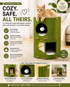 A tall promotional graphic for a green cat condo with a cat sitting on top. The design includes product text, feature callouts, dimensions, and smaller inset photos showing the cat condo in use, with a real cat and home setting visible.