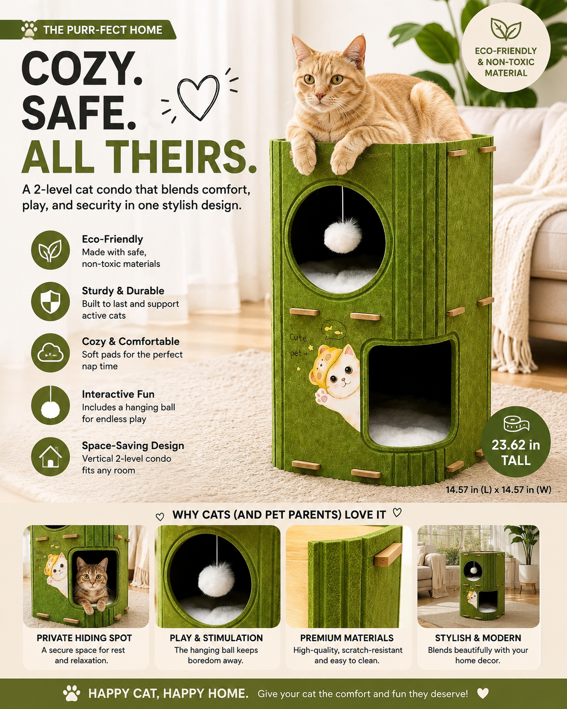 A tall promotional graphic for a green cat condo with a cat sitting on top. The design includes product text, feature callouts, dimensions, and smaller inset photos showing the cat condo in use, with a real cat and home setting visible.