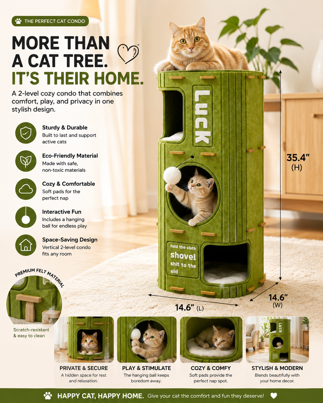 A green cat condo shown in a styled indoor scene with two cats, overlaid with marketing text, dimensions, and feature callouts. The product is a tall, cubby-style cat tree/condo with a hanging ball toy attached, photographed in a warm beige room setting.